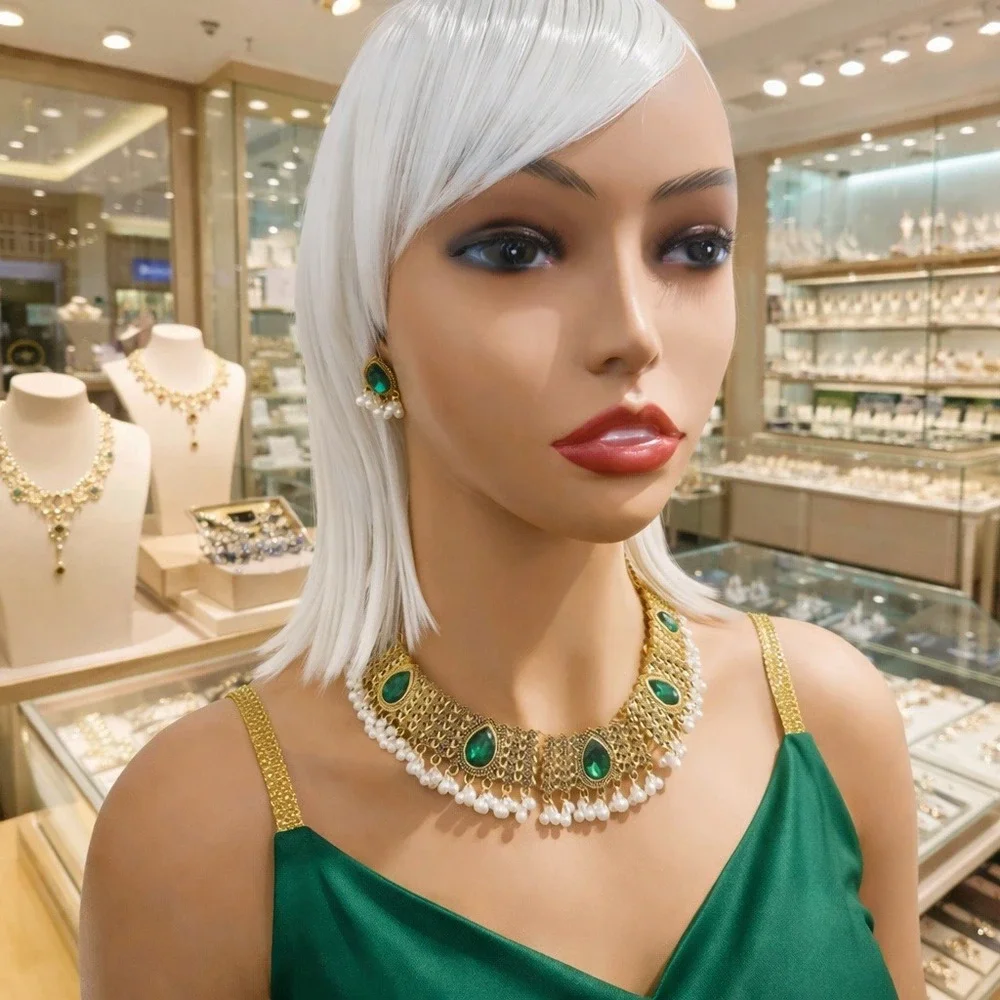 Jewelry Set Women Gold-Tone with Green‎ Stones and White Pearls
